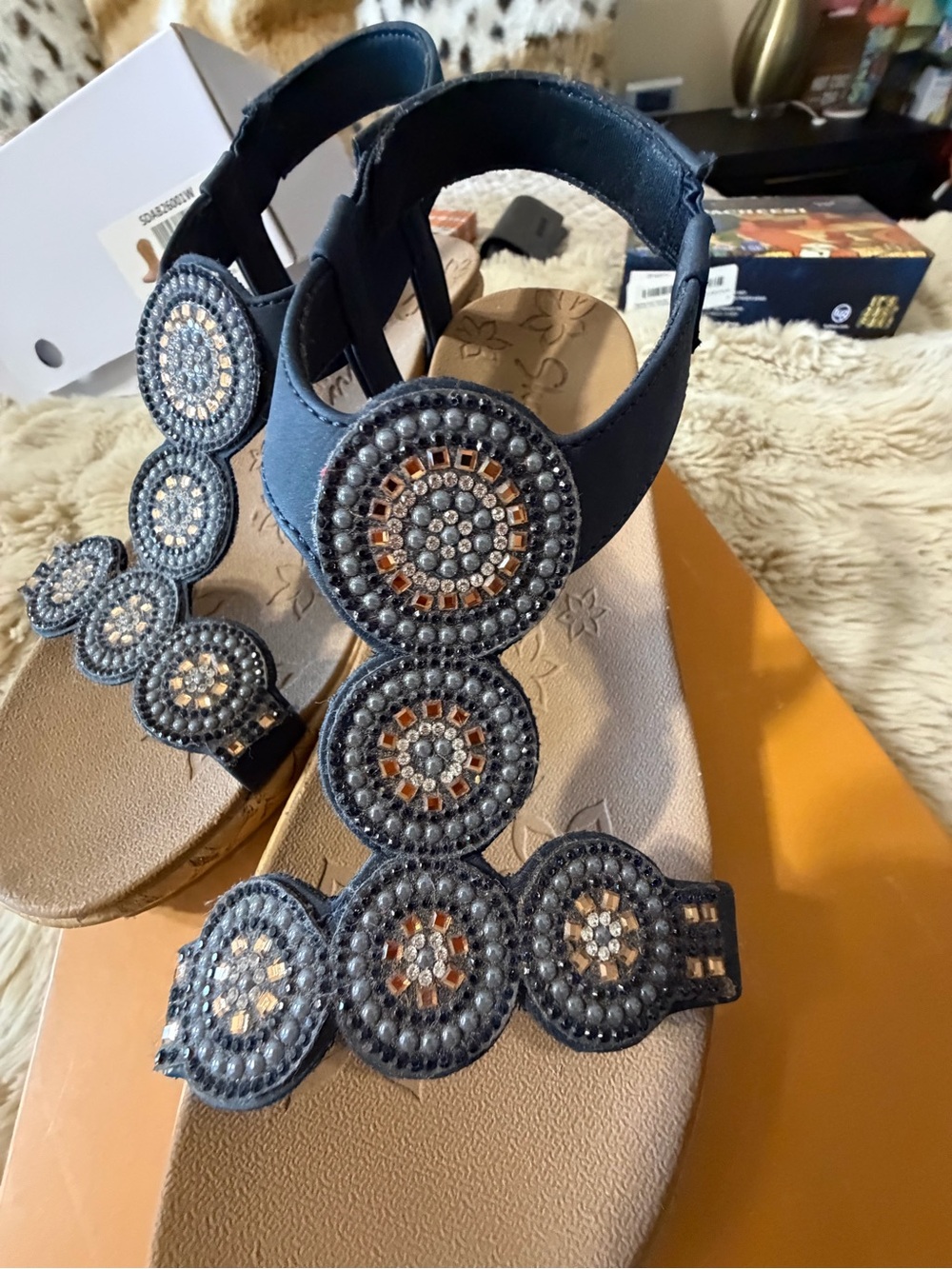 Beaded Navy T-Strap Women's Sandals